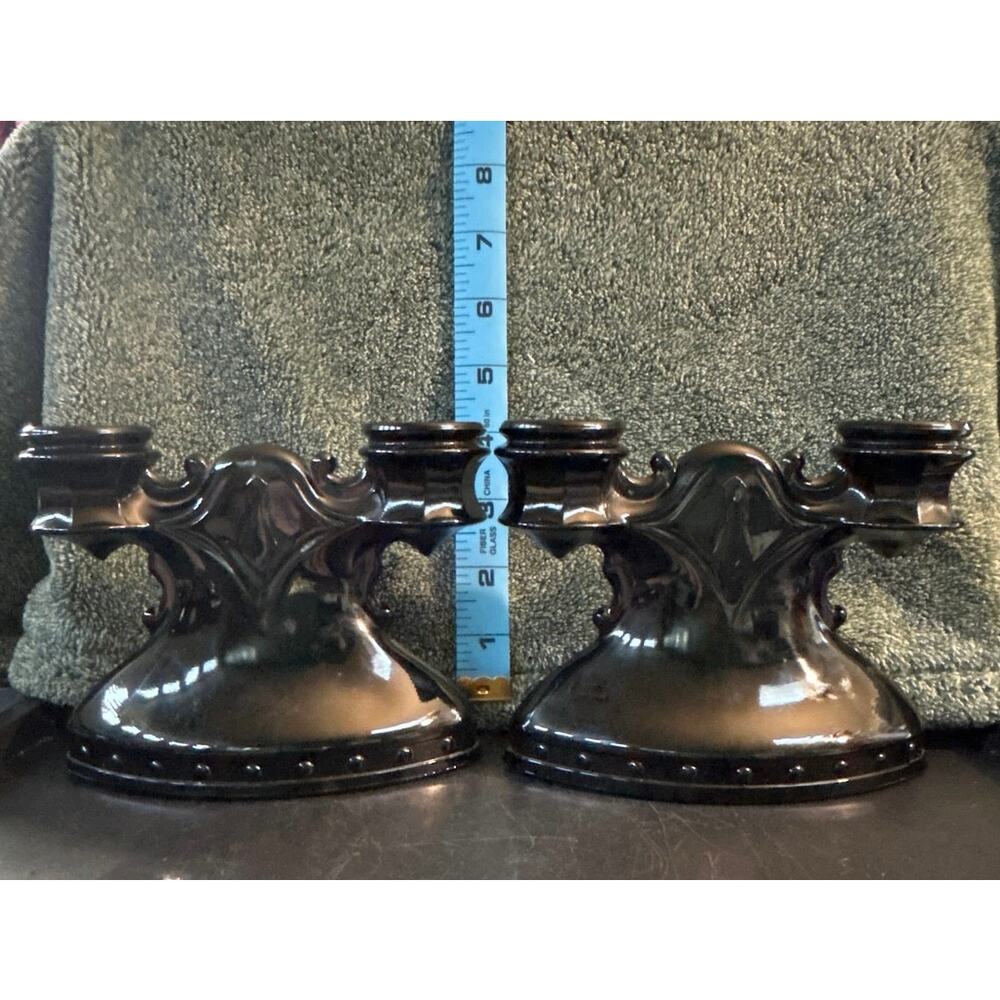 Pair of Vintage L.E. Smith Art Deco Gothic Revival Glass Candelabras
